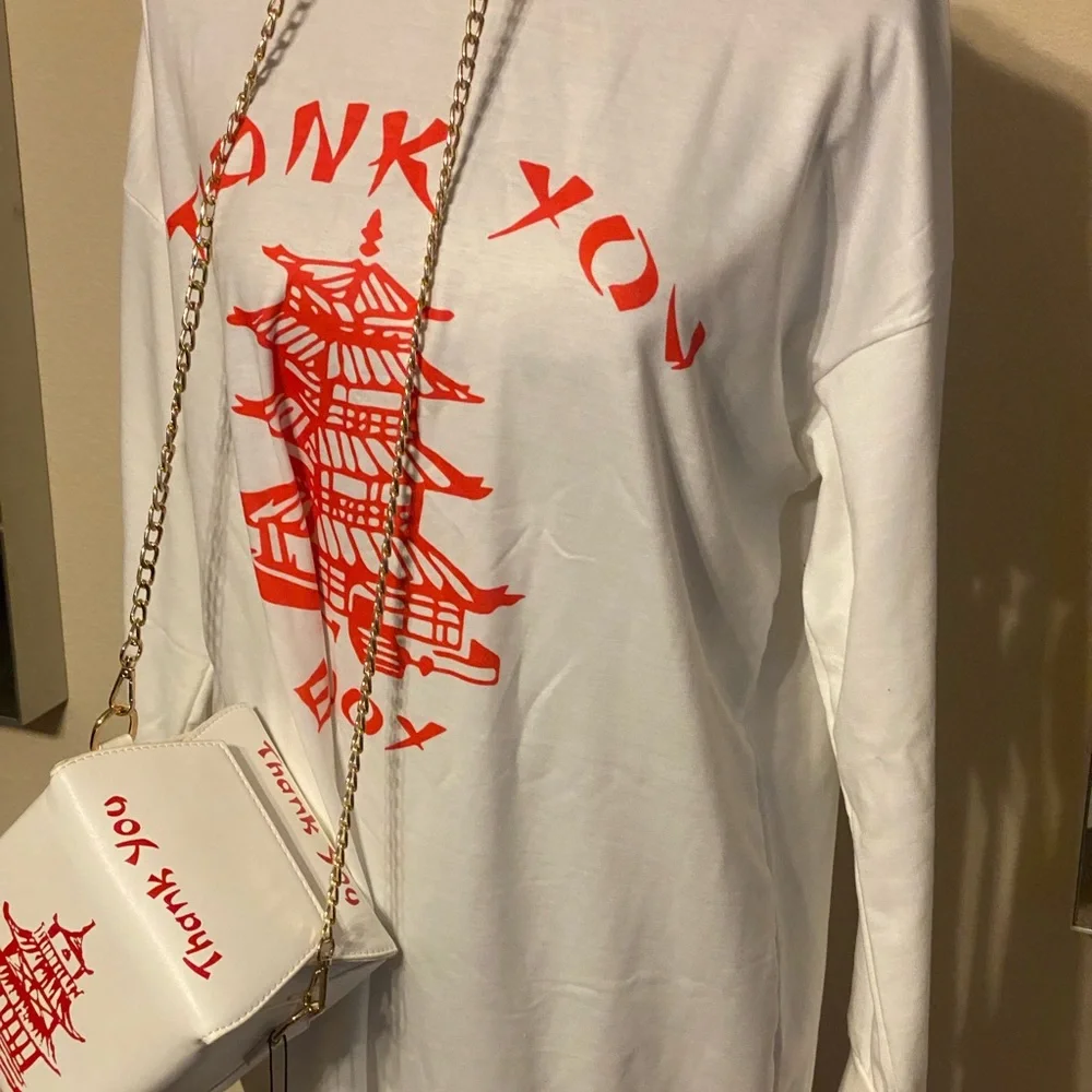 White Asian Themed T-Shirt Dress - Picture 1 of 16